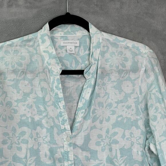 Charter Club Button-Up Linen Shirt Womens Sz 14‎ Floral Roll Tab Sleeve Coastal - Picture 3 of 14